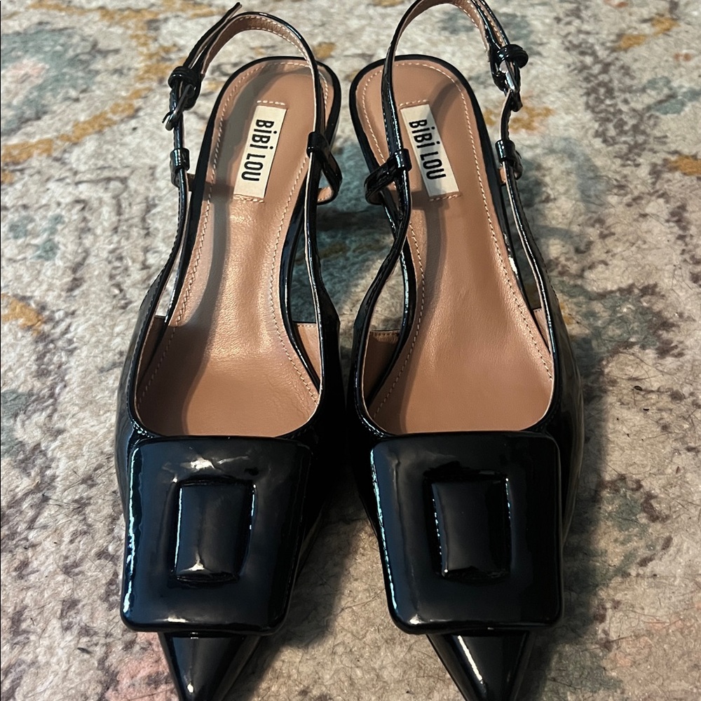 Bibi Lou Patent Buckle Slingback Kitten Heels